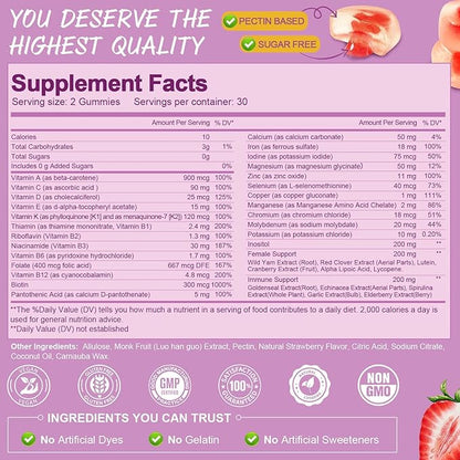Sugar Free Multivitamin Gummies for Women 14+ w/Iron, Inositol, Folate, Biotin, Womens Daily Multivitamin Gummy w/Vitamin A, C, B, D3, K2, for Hair, Skin, Energy, Immune, Strawberry Flavor