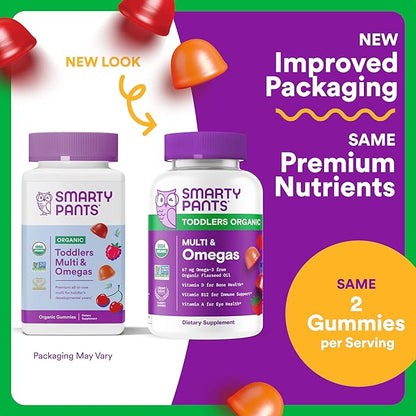 SmartyPants Organic Toddler Multivitamin Gummies: Omega 3 (ALA), Vitamin D3, C, Vitamin B12, B6, A, K & Zinc for Immune Support, Biotin, Vegetarian, Two Fruit Flavors, 60 Count (30 Day Supply)