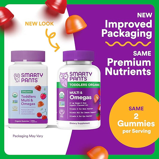 SmartyPants Organic Toddler Multivitamin Gummies: Omega 3 (ALA), Vitamin D3, C, Vitamin B12, B6, A, K & Zinc for Immune Support, Biotin, Vegetarian, Two Fruit Flavors, 60 Count (30 Day Supply)