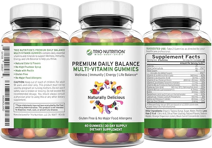 TRIO NUTRITION Daily Multivitamin Gummies for Men & Women - Natural Fruit Flavor with Essential Vitamins A, B, C, D, E & Zinc - Gluten-Free Immune Support & Energy Boost Supplement
