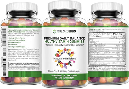 TRIO NUTRITION Daily Multivitamin Gummies for Men & Women - Natural Fruit Flavor with Essential Vitamins A, B, C, D, E & Zinc - Gluten-Free Immune Support & Energy Boost Supplement