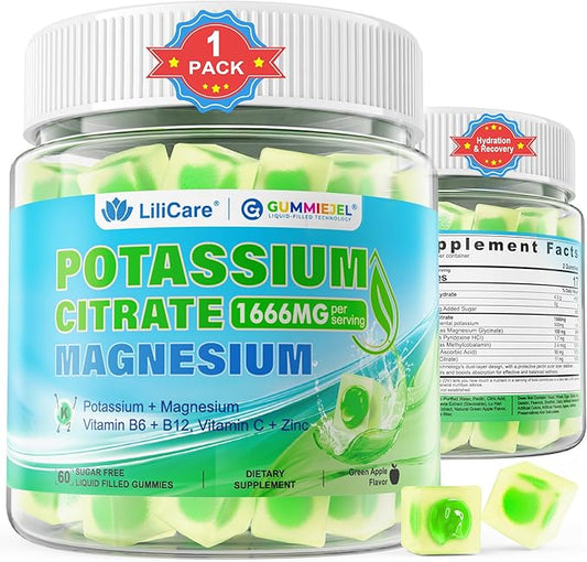 Potassium Citrate Gummies 1666mg for Adults - Potassium Supplement, Magnesium Glycinate, Zinc, B6, B12 & C – Electrolyte Gummies for Energy, Recovery & Leg Cramps, Vegan 60 Cts