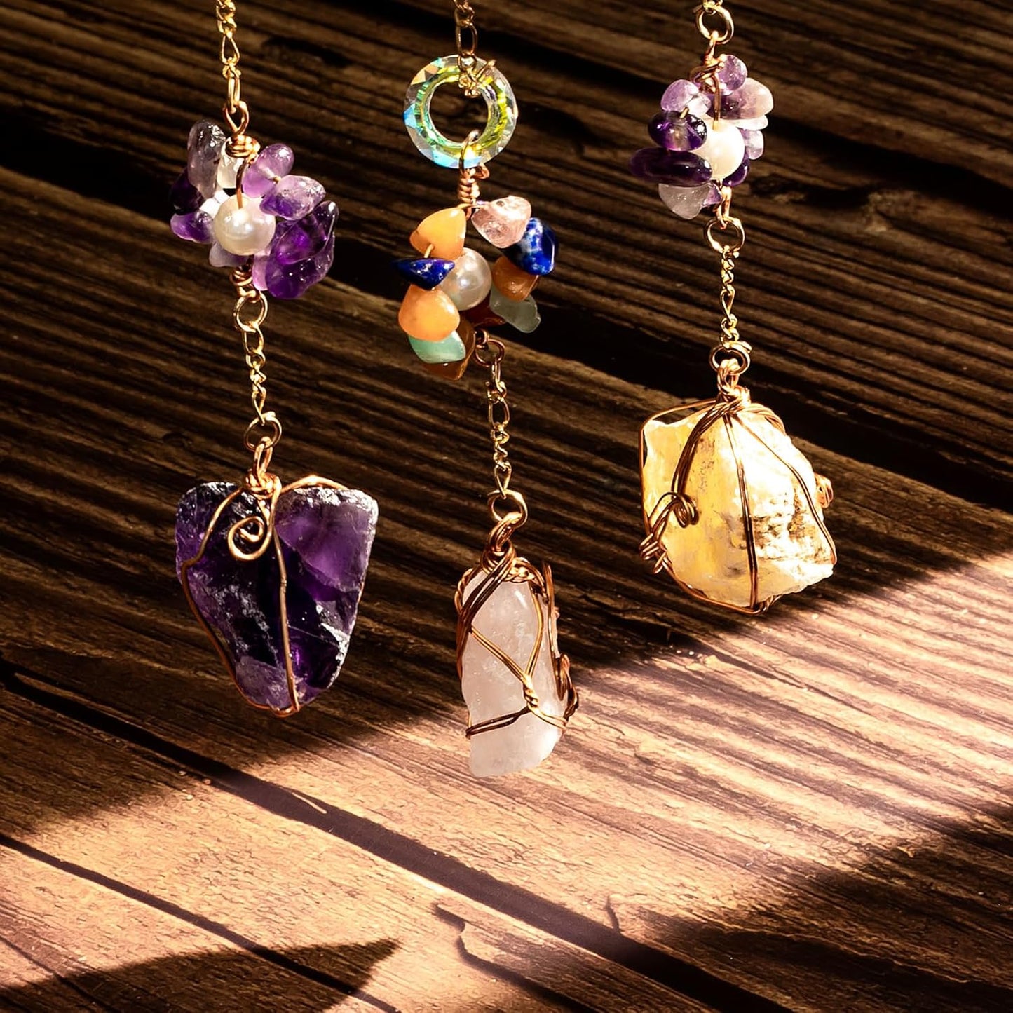 TUOKING Colorful Crystal Moon Suncatchers for Window Hanging Tree of Life Natural Healing Stones Wind Chimes Sun Catcher Rainbow Maker Good Luck Gifts Decor for Home Garden