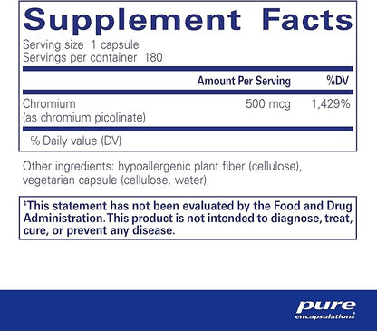 Pure Encapsulations Chromium (Picolinate) 500 mcg - for Lipid & Carbohydrate Metabolism* - Mineral Supplement - Superior Absorption Chromium Supplement - Vegan & Gluten Free - 180 Capsules