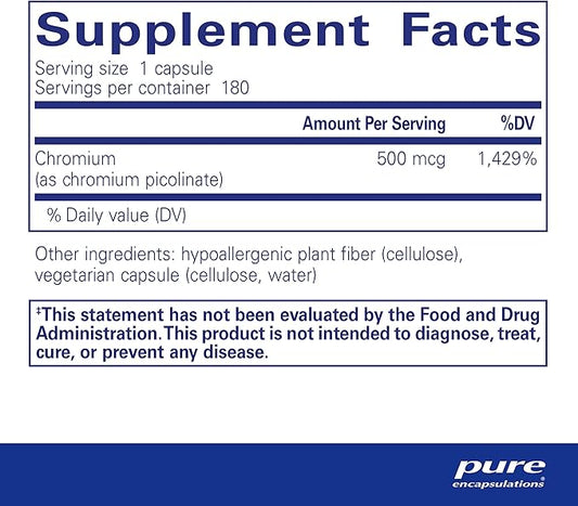 Pure Encapsulations Chromium (Picolinate) 500 mcg - for Lipid & Carbohydrate Metabolism* - Mineral Supplement - Superior Absorption Chromium Supplement - Vegan & Gluten Free - 180 Capsules