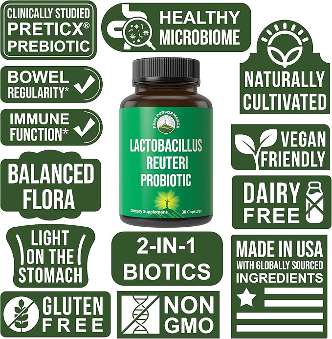 Lactobacillus Reuteri 50 Billion CFU Probiotics with Clinically Studied PreticX® XOS Prebiotic. L Reuteri Probiotic Capsules Supplement for Gut Health and Digestive Support. For Both Women & Men