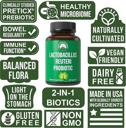 Lactobacillus Reuteri 50 Billion CFU Probiotics with Clinically Studied PreticX® XOS Prebiotic. L Reuteri Probiotic Capsules Supplement for Gut Health and Digestive Support. For Both Women & Men