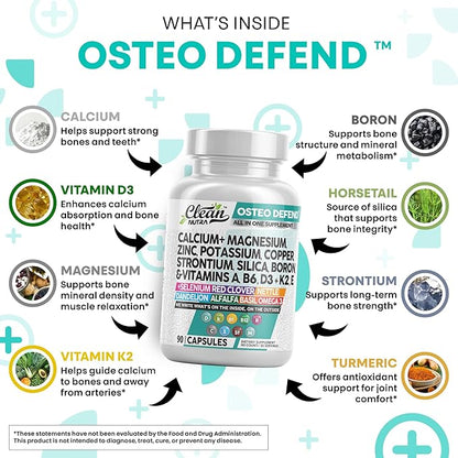 Clean Nutraceuticals Calcium Magnesium Zinc Supplement with Potassium, Copper, Strontium, Silica, Vitamin D3 K2, Boron, Vitamin B1 B12 Red Clover Herb Alfalfa Basil Pills for Men & Women Osteo Defend