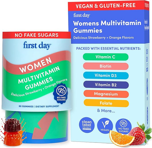 FIRST DAY Multivitamin for Women - Daily Womens Multivitamin Gummies - Vitamin A C D E B12, Magnesium, Zinc, Biotin – Vegan, Gluten Free Womens Vitamins - Hair Growth, Skin, Energy – 30 Day Supply