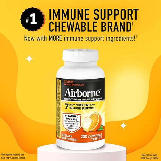 Airborne 1000mg Vitamin C with D and Zinc, Multivitamin Immune Support Supplement with Antioxidants A, C, and E, 200 Chewable Tablets, Citrus Flavor