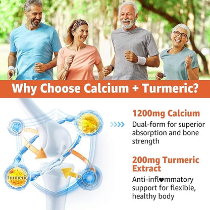 Calcium 1200 mg with Vitamin D3 Gummies - Calcium + Turmeric Supplement for Women and Men with Vitamin K2 B12 - Support Bone & Muscle - Sugar Free - Vegan (120 Count)