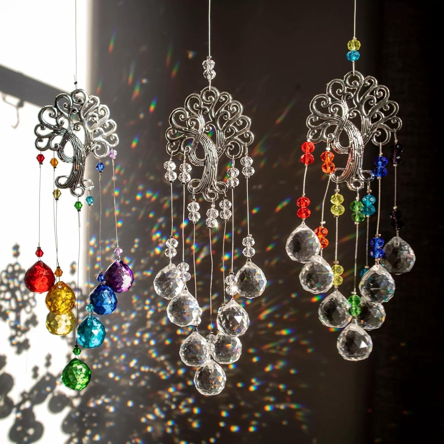 TUOKING 3 Pcs Crystal Suncatchers for Window Hanging Tree of Life Colorful Crystals Prism Ball Pendant Sun Catchers Rainbow Maker Ornament Gift Home Garden Decoration