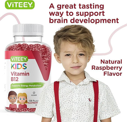 Viteey Vitamin B12 for Kids Gummies, 1000mcg - Metabolism, Natural Energy Support - Vegan, Gelatin Free, Gluten Free, GMO Free - Tasty Chewable B12 Raspberry Flavored Gummy