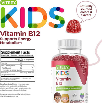 Viteey Vitamin B12 for Kids Gummies, 1000mcg - Metabolism, Natural Energy Support - Vegan, Gelatin Free, Gluten Free, GMO Free - Tasty Chewable B12 Raspberry Flavored Gummy