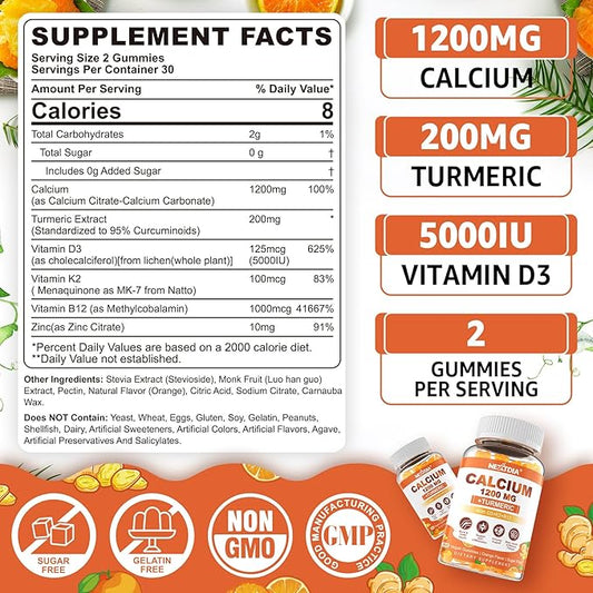 Calcium 1200 mg with Vitamin D3 Gummies - Calcium + Turmeric Supplement for Women and Men with Vitamin K2 B12 - Support Bone & Muscle - Sugar Free - Vegan (120 Count)