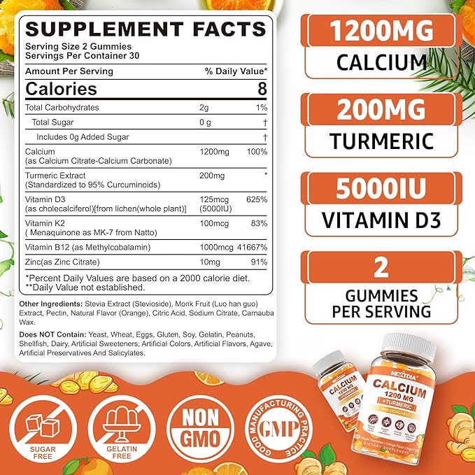 Calcium 1200 mg with Vitamin D3 Gummies - Calcium + Turmeric Supplement for Women and Men with Vitamin K2 B12 - Support Bone & Muscle - Sugar Free - Vegan (60 Count)