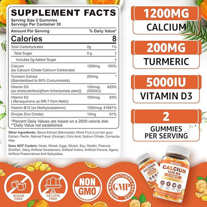 Calcium 1200 mg with Vitamin D3 Gummies - Calcium + Turmeric Supplement for Women and Men with Vitamin K2 B12 - Support Bone & Muscle - Sugar Free - Vegan (60 Count)