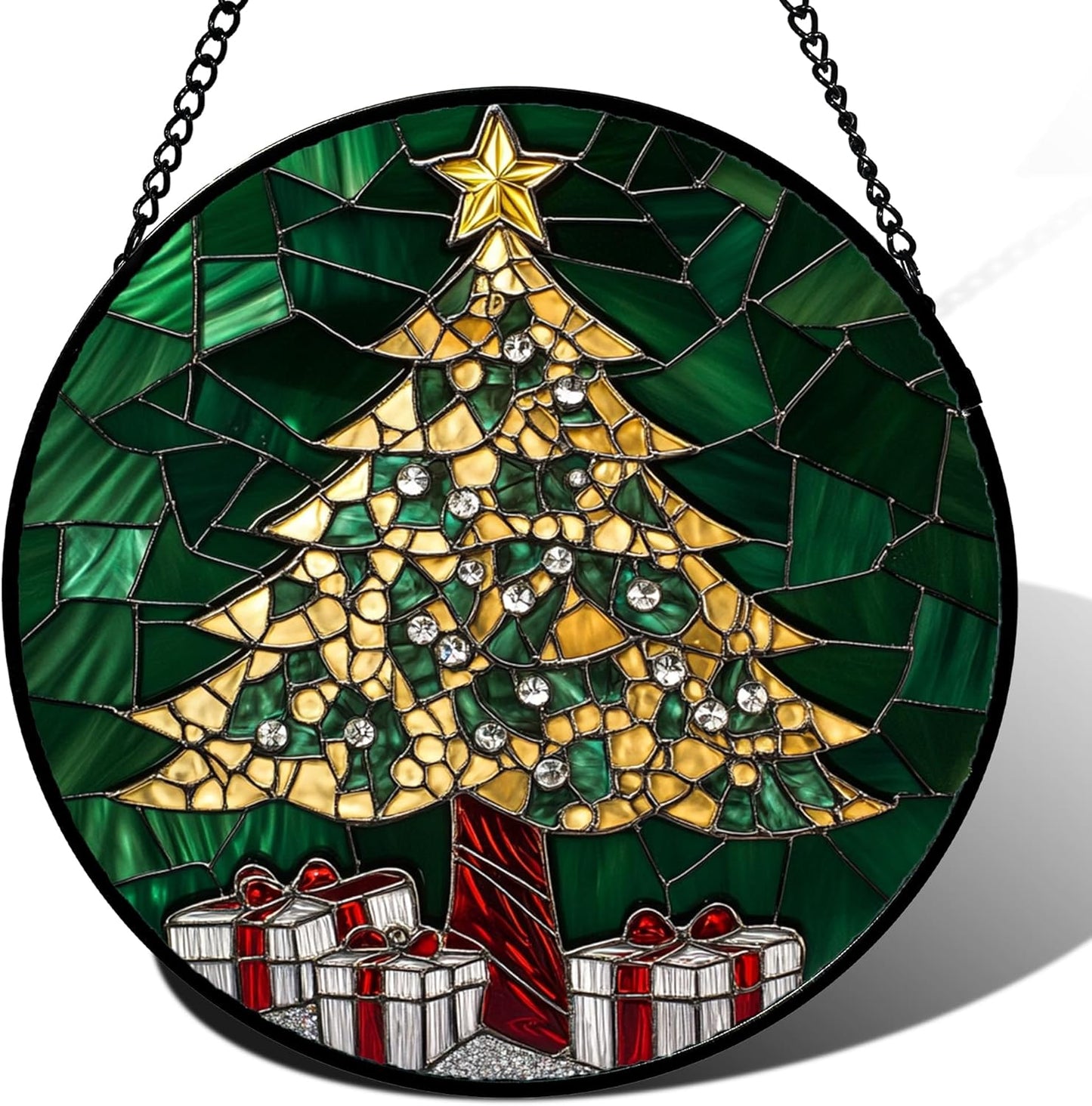 Stained Glass Window Hanging -Gold Green Christmas Tree Suncatcher for Doors Home Christmas Decoration Winter Sun Catcher Thanksgiving New Year Birthday Gifts for Women Men Mom Nana 15 in