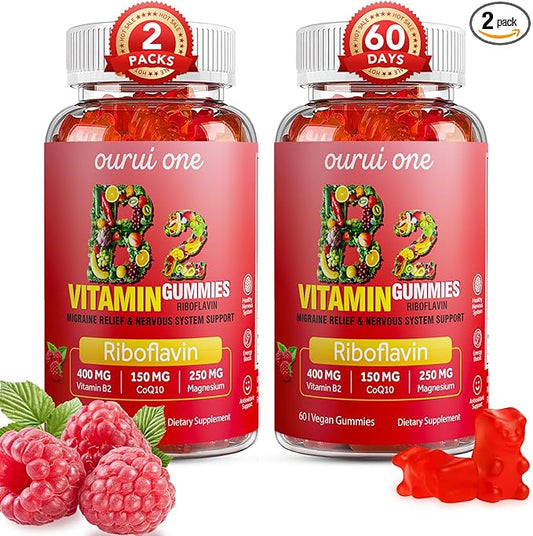 Vitamin B2 Gummies 400mg | Riboflavin 400mg with CoQ10 150mg, Magnesium 200mg, Zinc 10mg | B2 Vitamin 400mg for Kids & Adults, Nervous System & Skin Health | 60 Vegan Chewables