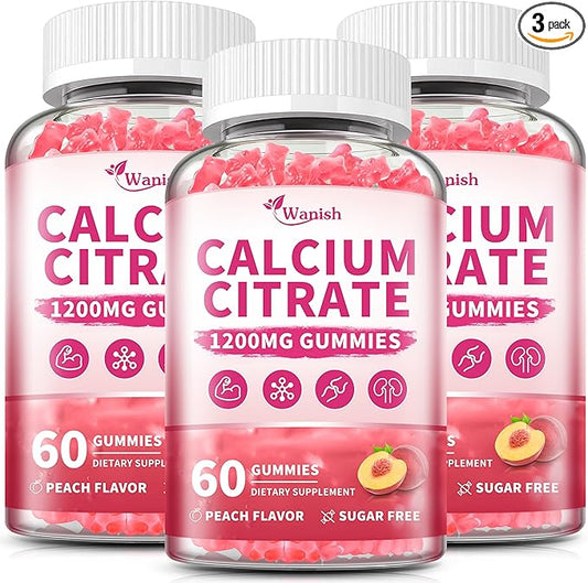 (3 Pack) 1200 mg Calcium Citrate Gummies Supplements for Women & Men,Pure Calcium Citrate Gummies for Bone, Muscle & Immune Support - Easy to Digest, Sugar Free,Vegan,Peach Flavor,60 Day Supply