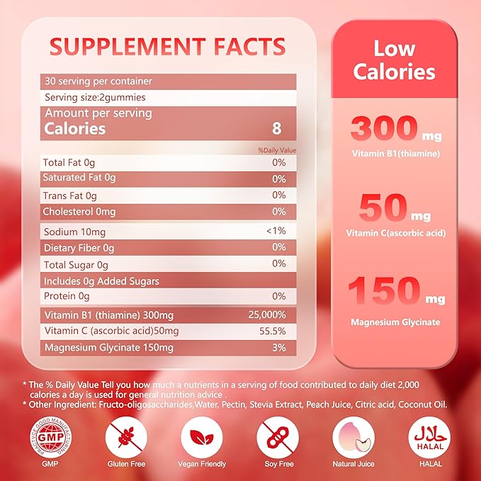 Vitamin B1 Gummies 300mg for Adults & Kids,Chewable Thiamine B1 Supplement with 150mg Magnesium,Nervous System Healthy Energy,Natural Peach Flavor,Non GMO,Vegan 60 Count Sugar-Free 1-Month Supply1