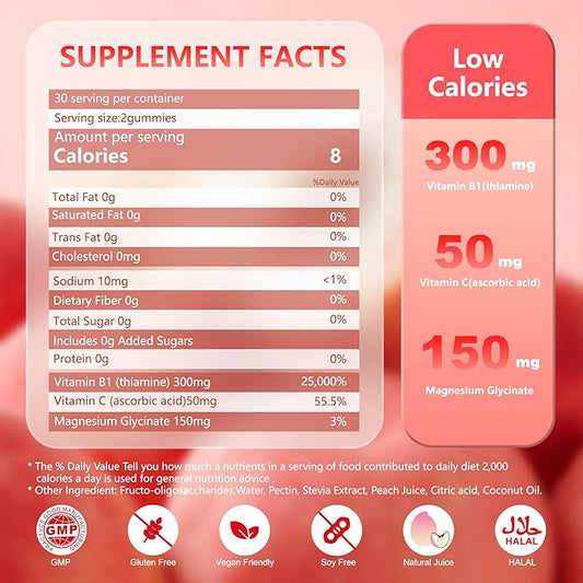 Vitamin B1 Gummies 300mg for Adults & Kids,Chewable Thiamine B1 Supplement with 150mg Magnesium,Nervous System Healthy Energy,Natural Peach Flavor,Non GMO,Vegan 60 Count Sugar-Free 1-Month Supply1