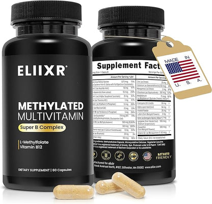 Eliixr Methylated Multivitamin Supplement for Men and Women with Active Methyl B12 and 5-MTHF Methylfolate 60 Vegetable Capsules Iron Free Made in The USA