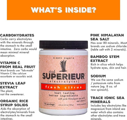 Superieur Electrolytes – Plant Based Electrolyte Supplement w/Sea Minerals for Hydration & Recovery – Keto Friendly, Non-GMO, Zero Sugar, Vegan Healthy Sports Drink Powder – Citrus (70 Servings)