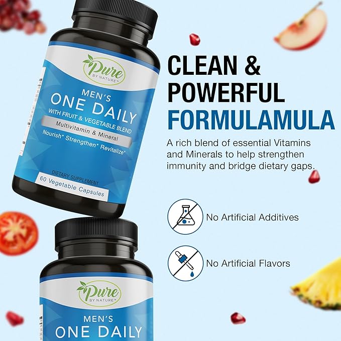 Pure By Nature One-Daily Multivitamin for Men, Immune Support Supplement with Non-GMO Ingredient, Vitamin & Minerals for Energy, 60 Veggie Capsules
