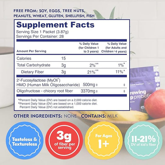Begin Health Growing Up Prebiotics for Kids 28-Packs | Prebiotic Soluble Powder Stool Softeners and Digestive Gut Health Supplement | Ideal to Mix with Kids Daily Beverages and Soft Foods - Unflavored