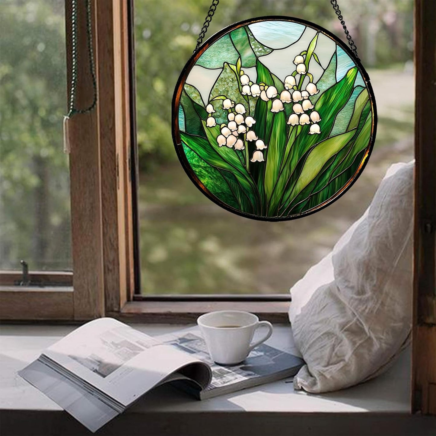 Stained Glass Window Hanging - White Green Lily of The Valley Suncatcher for Doors Garden Terrace Plant Sun Catchers Decor Mother's Day Birthday Flowers Gifts for Women Men Mom 11.8 in