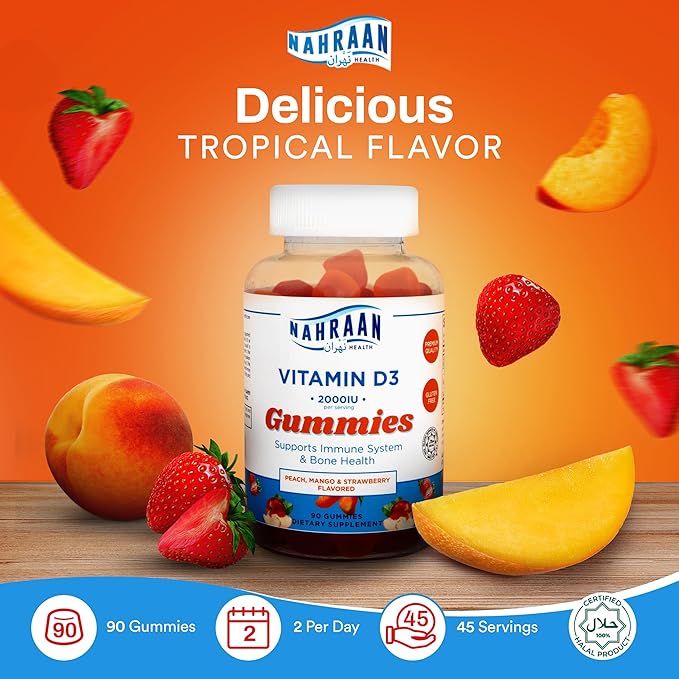 Halal Vitamin D3 2000 IU Gummies – Supports Immune, Bone & Muscle Health, Gelatin-Free, Vegetarian, Natural Fruit Flavor – 90 Count