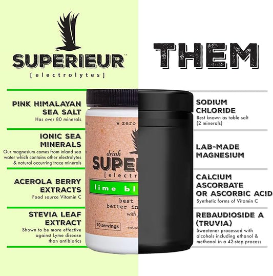 Superieur Electrolyte Powder Packets - Vegan Electrolyte Hydration Powder w/Sea Minerals - Keto Friendly, Non-GMO, Zero Sugar Electrolyte Supplement-Healthy Sports Drink -Lime Blueberry (14 Packets)