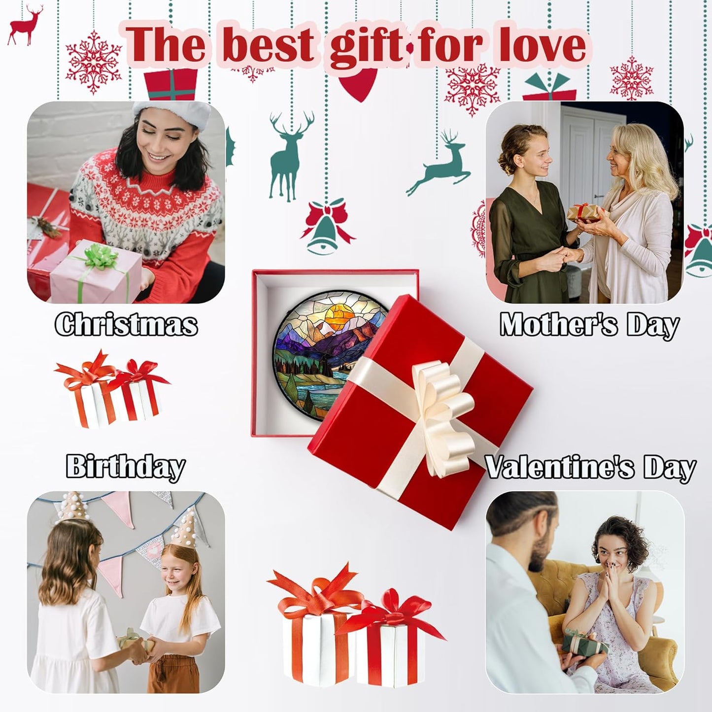 Stained Glass Window Hanging, Blue Lake Golden Sun Abstract Mountains Landscape Suncatcher for Doors Window Home Sun Catchers Decor Mother's Day Birthday Gifts for Women Men Mom 11.8 in