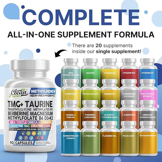 Clean Nutra TMG Trimethylglycine Supplement 1,000mg + Taurine Methylated Multivitamin for Women Men B6 B12 D3 K2 Magnesium Methylfolate Milk Thistle Omega 3 NAC L Carnitine COQ10 B Complex Vitamin