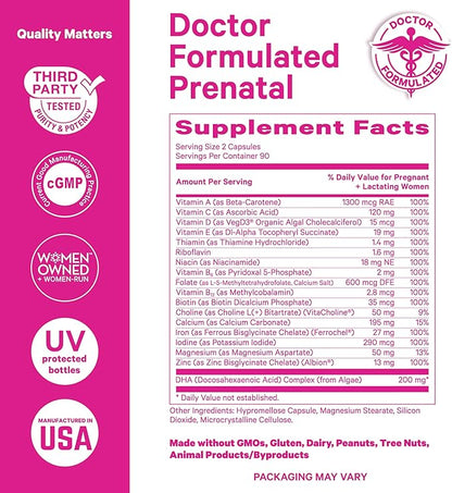 Pink Stork Total Prenatal Vitamins with DHA, Folate, Iron, Choline, and Vitamin B12 - Preconception Nutrition - Prenatals for Women, Pregnancy Essentials - Mint Essence, 60 Capsules, 1 Month Supply
