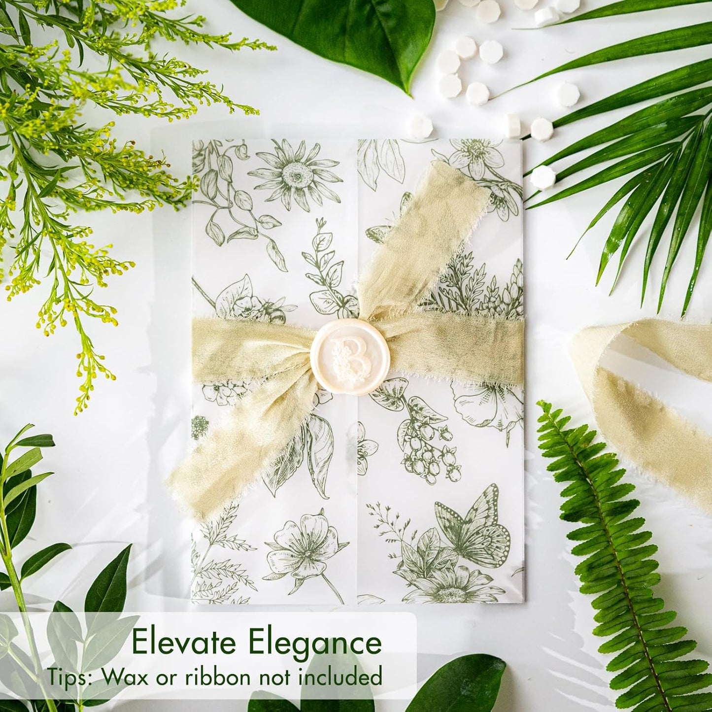 50 Pack Pre-Folded Vellum Jackets for 5x7 Invitations,AZAZA Elegant Translucent Invitation Sleeves,115GSM Vellum Jackets 5x7, Wedding Invitation Accessories, for Weddings Birthdays,Sage Green Toile