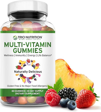 TRIO NUTRITION Daily Multivitamin Gummies for Men & Women - Natural Fruit Flavor with Essential Vitamins A, B, C, D, E & Zinc - Gluten-Free Immune Support & Energy Boost Supplement