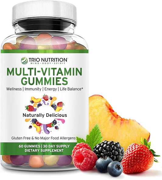 TRIO NUTRITION Daily Multivitamin Gummies for Men & Women - Natural Fruit Flavor with Essential Vitamins A, B, C, D, E & Zinc - Gluten-Free Immune Support & Energy Boost Supplement