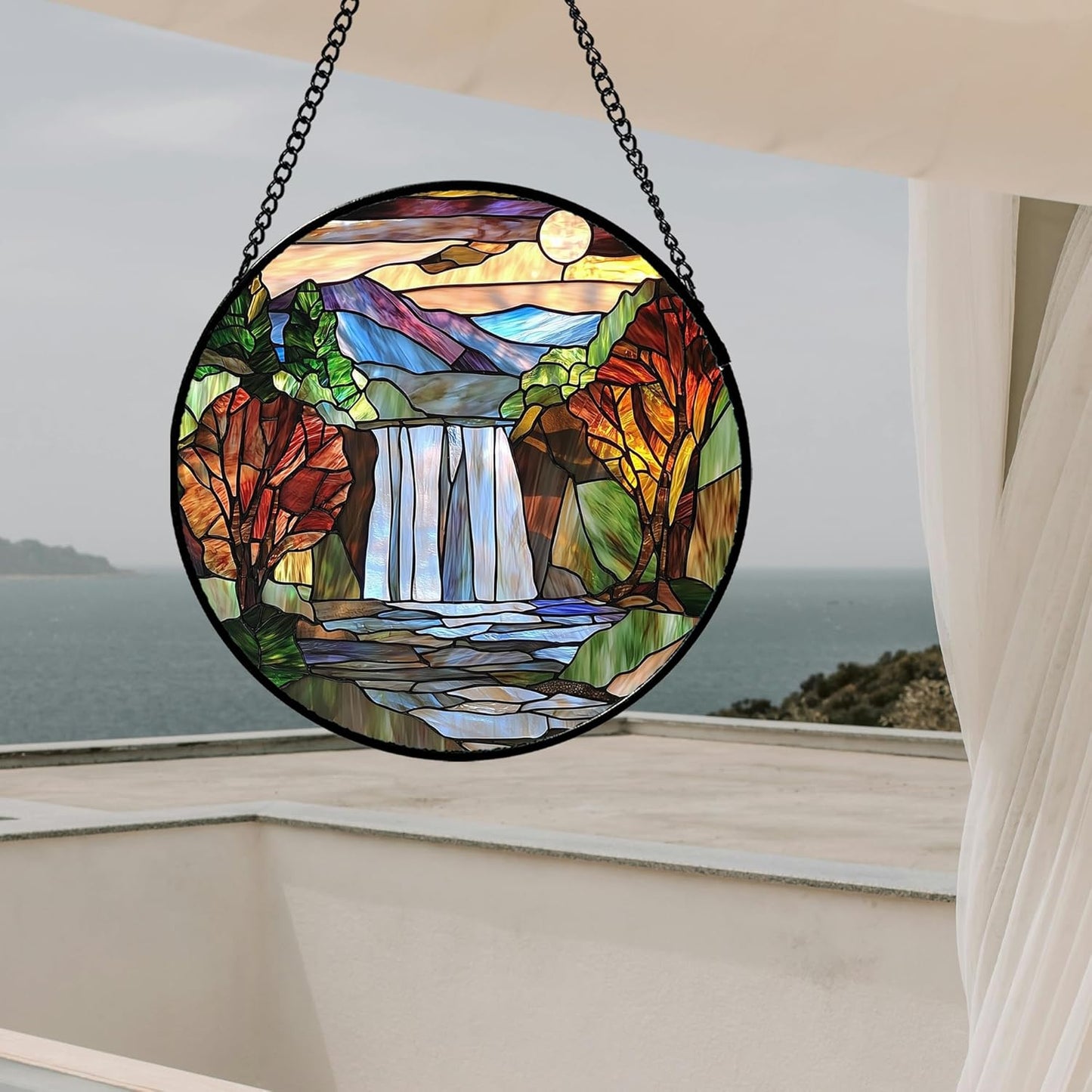 Stained Glass Window Hanging, Abstract Landscape Waterfall Mountains Trees Suncatcher for Doors Window Home Sun Catchers Decor Mother's Day Birthday Gifts for Women Men Mom 9.8 in