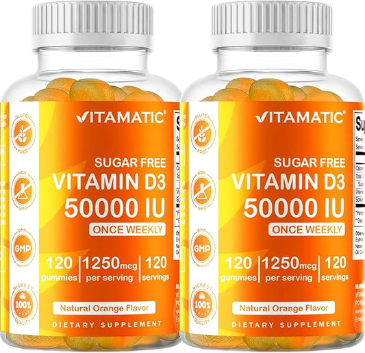 Vitamatic Sugar Free Vitamin D3 50,000 IU Weekly Supplement - 120 Pectin Based Gummies - Vitamin D Capsules for Bones, Teeth, and Immune Support (50000 IU) - 2 Pack