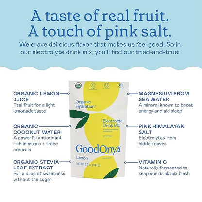 Organic Hydration Electrolyte Drink Mix, Certified Organic Hydration Powder, Non-GMO, Biochecked Glyphosate Free, Low Sugar, Lemonade Flavor, No Artificial Flavors, 20 Servings