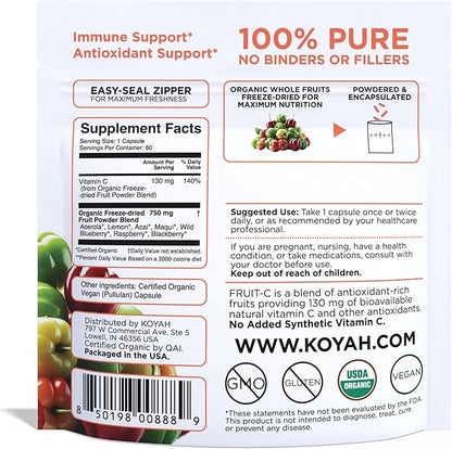 KOYAH Fruit-C - Organic Vitamin C Capsules - from Acerola Cherries, 100% Whole Fruits, 130 mg Vitamin C, Freeze-Dried, No Extracts - Whole-Food, Vegan, Non-GMO, 3rd Party Tested, 60 Capsules