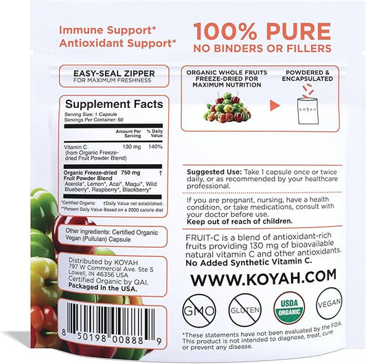 KOYAH Fruit-C - Organic Vitamin C Capsules - from Acerola Cherries, 100% Whole Fruits, 130 mg Vitamin C, Freeze-Dried, No Extracts - Whole-Food, Vegan, Non-GMO, 3rd Party Tested, 60 Capsules