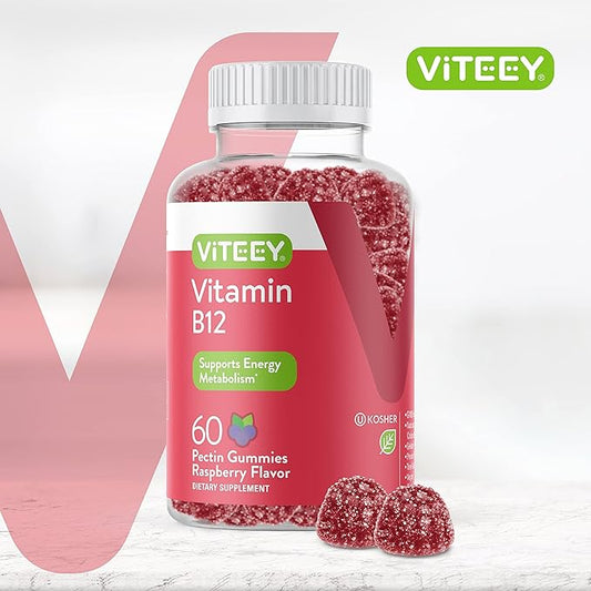 Viteey Vitamin B12 Gummies for Adults & Teens 1000mcg - Good for Energy, Metabolism, Natural Energy, Immune System Support - Vegan, Gelatin Free, Gluten Free - Tasty Chewable Raspberry Flavored Gummy