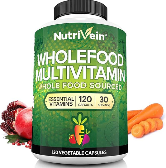 Nutrivein Whole Food Multivitamin for Men & Women – 120 Capsules – Daily Energy, Immune & Heart Support – Raw Fruit & Veggie Blend + B Vitamins
