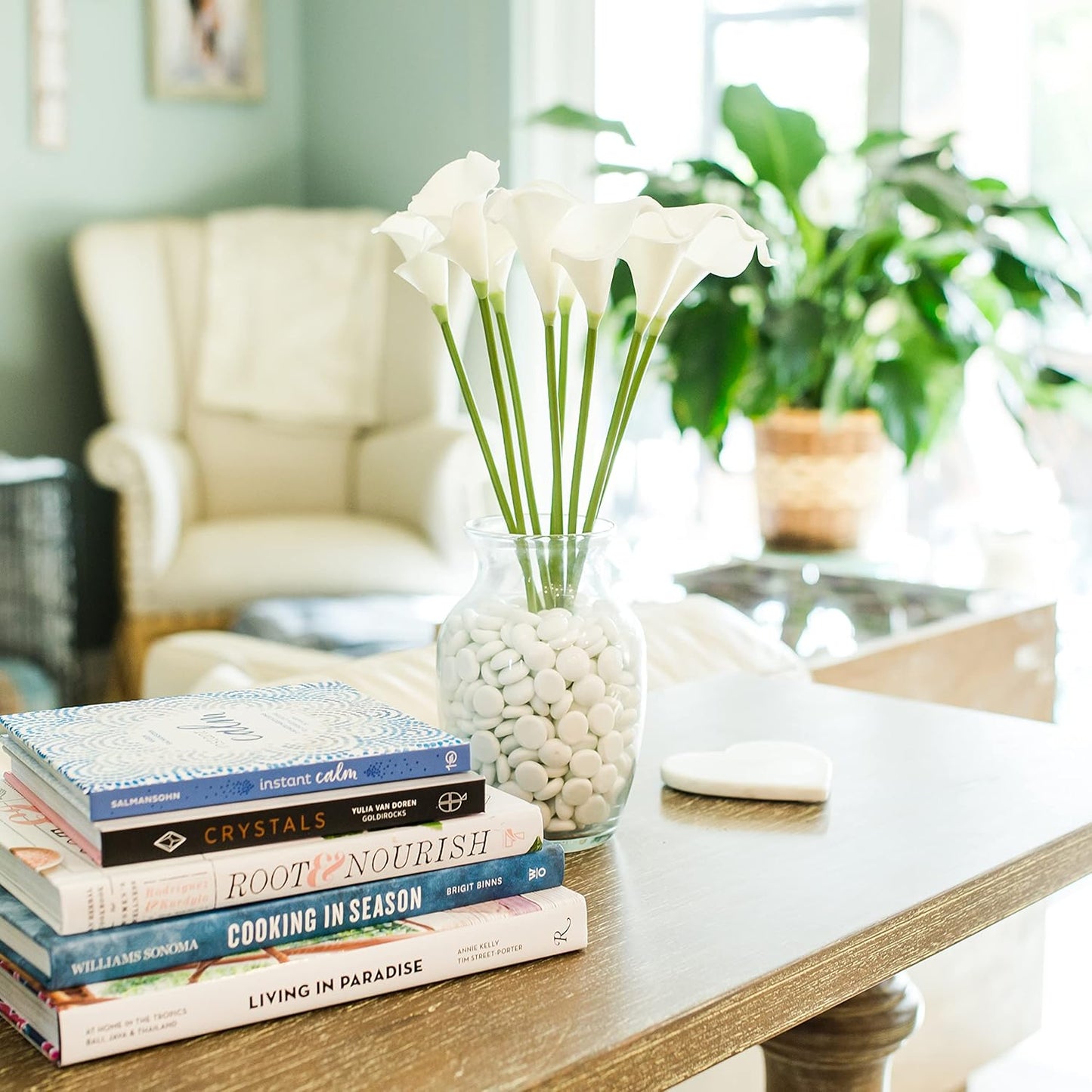 Galashield Flat Glass Marbles for Vases White Glass Gems Beads Pebbles Vase Filler (1 LB, Approx. 105 PCS)