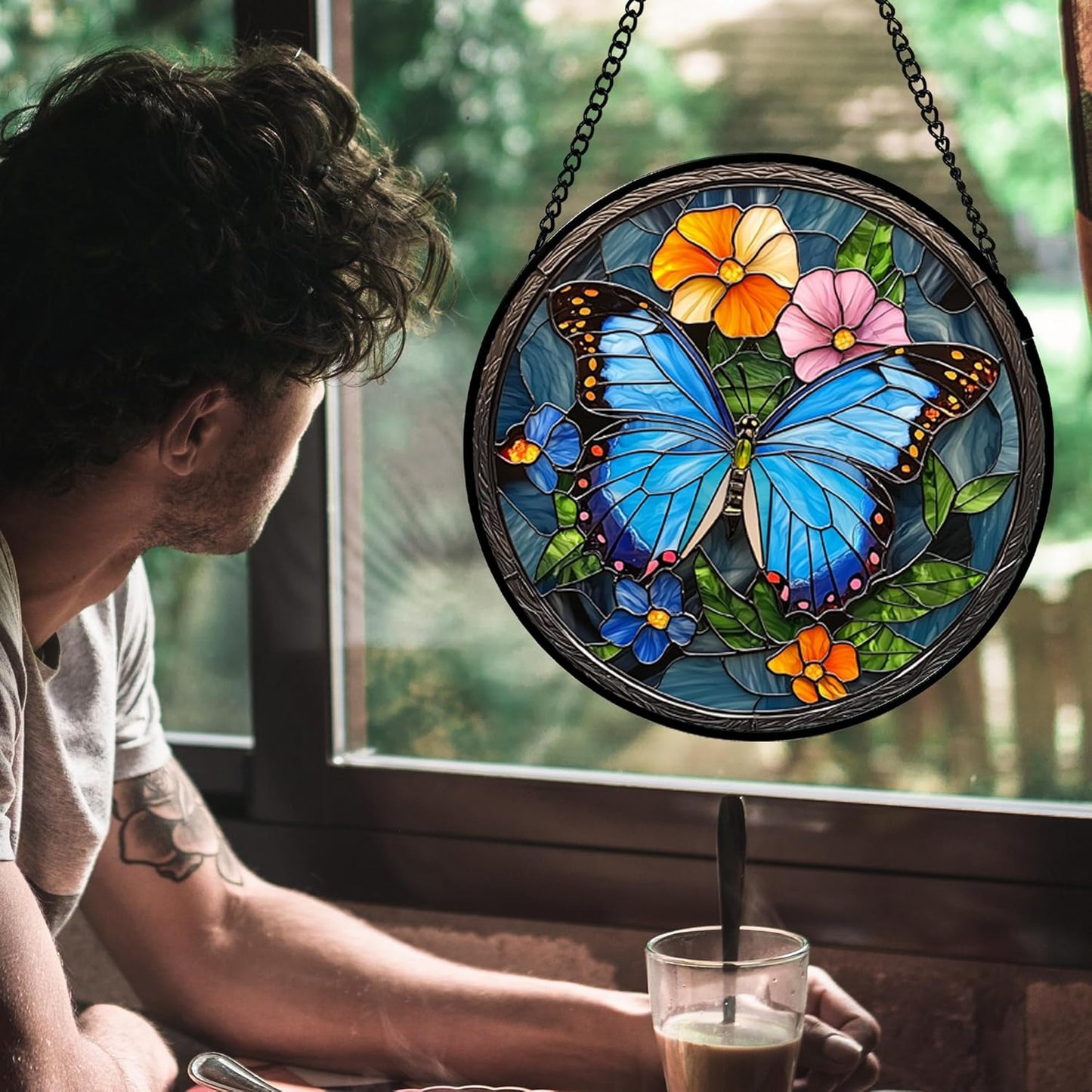 Stained Glass Window Hanging, Blue Butterfly Flower Suncatcher for Doors Home Sun Catchers Decoration and Christmas, Mother's Day Birthday Gifts for Women, Men, and Mom 6.3x6.3 in