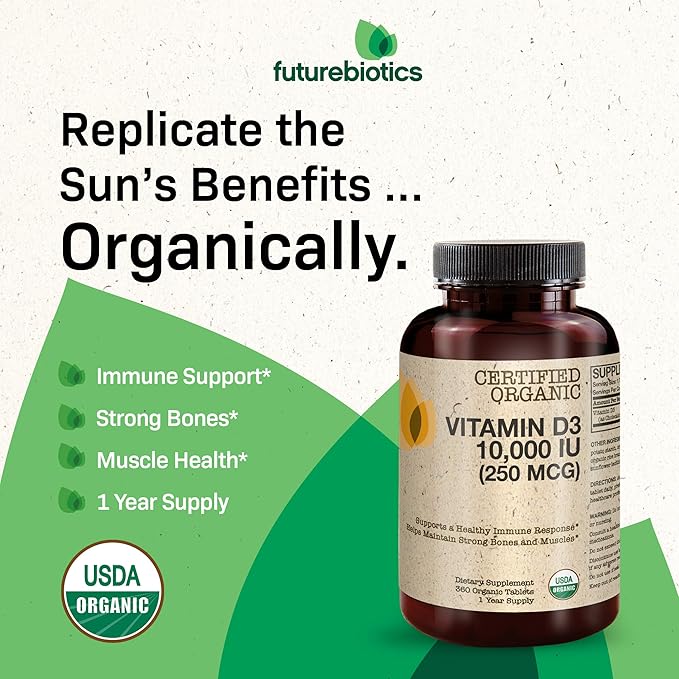 Futurebiotics Vitamin D3 10,000 IU (250 MCG) Supports a Healthy Immune Response, Helps Maintain Strong Bones and Muscles, 360 Organic Tablets