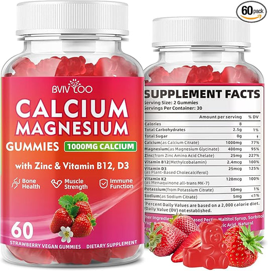 Calcium Gummies 1000mg with Vitamin D3 K2 & B Complex, Potassium, Calcium Magnesium Zinc Gummies for Bone, Muscle, Mood and Immunity - Vegan, Non-GMO, Strawberry Flavor 60 Count
